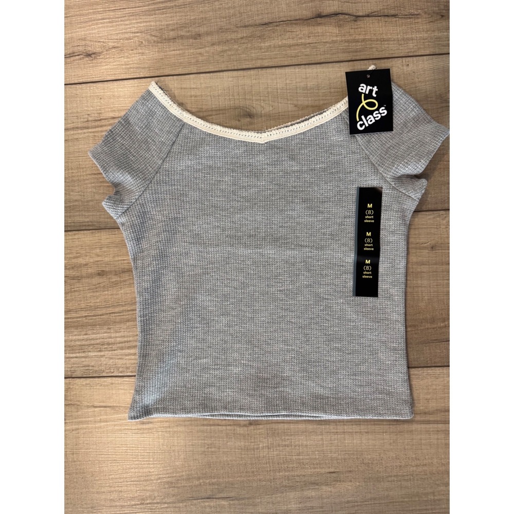 Art Class Waffle Knit‎ Top Girls M 8 Gray Lace Trim Short Sleeve summer